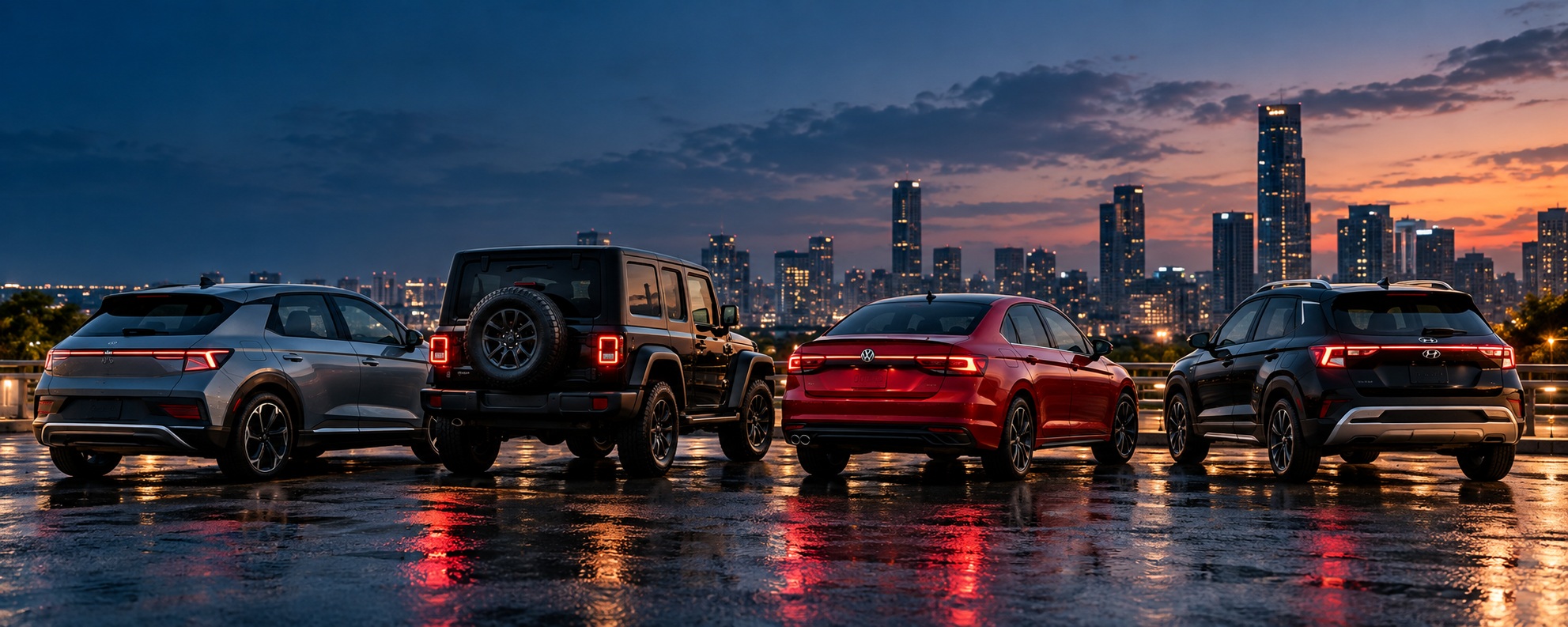 Four cars illustrating cash, finance and company lease choices